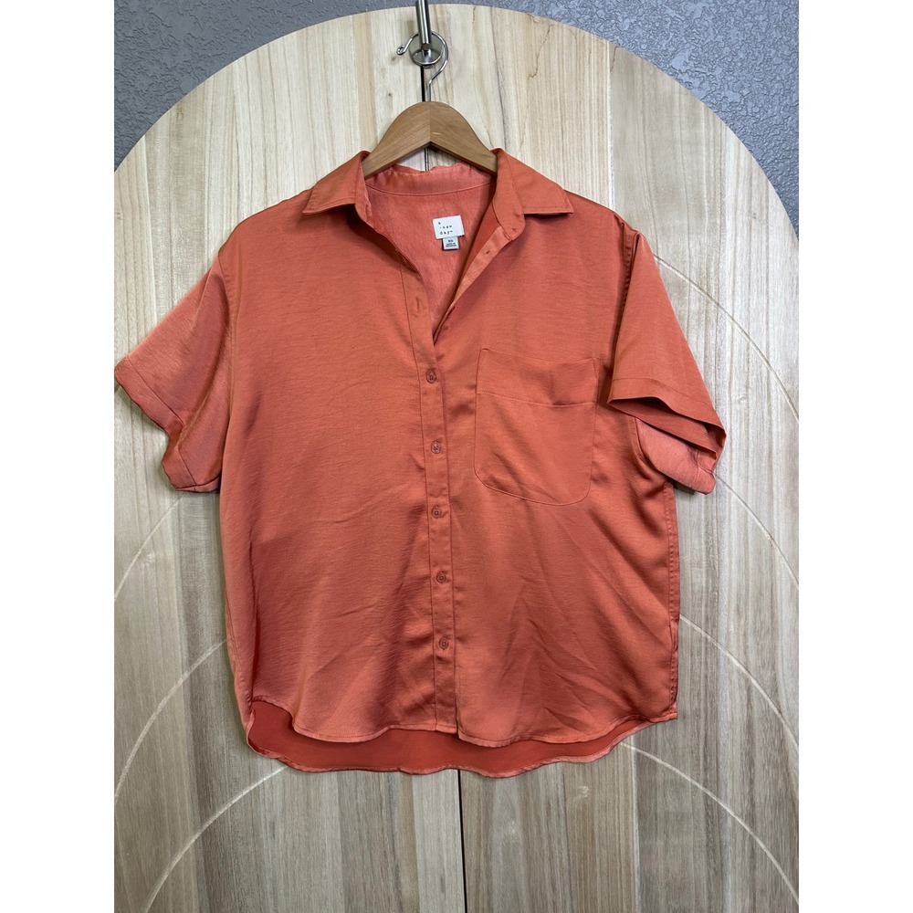 A New Day‎ Womens Short Sleeve Satin Button Down oversize Orange XS